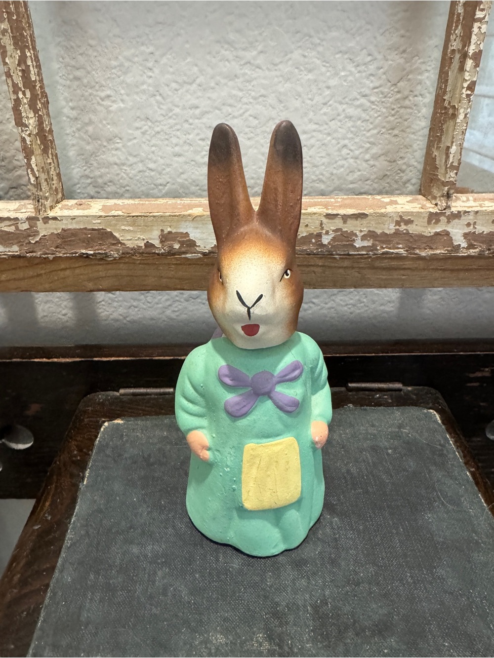 Hand-Painted Bunny Figurine in Mint Green Dress